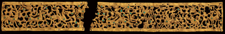 Gold, Turquoise, Carnelian, Coral. L. (total) 36.3; H. 5 cmKargaly (Myng-Oshakty tract, Almaty region), 2nd century BCE–1st century CECentral State Museum, Almaty: KP 3990Photography © The Central State Museum of the Republic of Kazakhstan, Almaty
