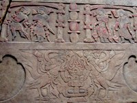 Detail of a painted relief from a 6th-century Chinese funerary platform depicting musicians and fantastic human-animal hybrid creatures.