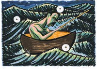 Painting of a man in a small boat in open water with waves.