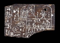 Fragmentary, rectangular, wooden label with images of the king and rows and columns of hieroglyphic texts.