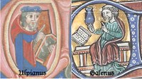 Illuminated manuscript images of two men reading from books. 
