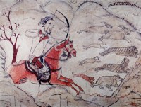 Mural painting of a man on horseback hunting game animals with bow and arrow 