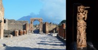 composite image of pompeiian street with mt. vesuvius in the background and the indian ivory statuette of a female figure from Pompeii