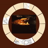 A photograph of a dark cave with artificial light highlighting a stalagmite. Surround the image of the cave is a round disc showing sketches of four different zodiac figures found at the site.