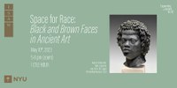 Event banner with title and photo of sculptural piece depicting head of a man with tight, curly hair