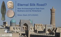 Title slide for presentation, showinjg cityscape of Bukhara, three ancient objects, and lecture information