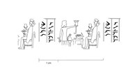 Line drawing of seal impression. Scene next to two columns of text depicts bearded man offering a vessel to a seated man.