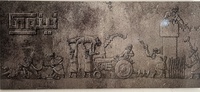 A modern artwork depicting the deliverance of Nineveh (Ninawa) from ISIS in 2017. The image shows stylized figures in a historical scene, with elements like a lion, a tractor, and wheat, blending ancient and modern imagery