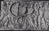 Two personifications of the Greco-Roman goddess of victory hold a shield with a seven-branched menorah inside. 