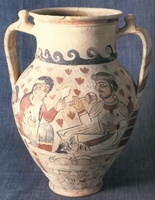 Painted 5th–6th century CE ceramic vase from Merv, showing two seated figures sharing food and drink, decorated with heart-shaped motifs and wave patterns