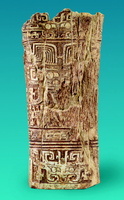 Cylindrical water vessel made from elephant bone and decorated with relief in bands depicting stylized animals and decorative motifs.