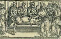 Illustration from a medieval manuscript showing a pig on a table being dissected by Galen with an audience of about 10 men standing around the table and watching.