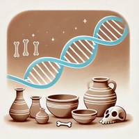 AI-generated illustration of DNA strand next to ancient pottery and bones