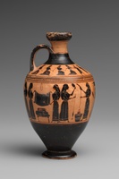 Ancient Greek painted vase with images of women involved in various activities