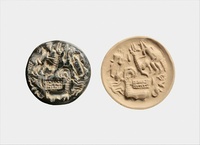 Photo of circular stone stamp seal next to clay impression; the design features stylized hunters and goats.