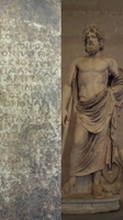 Two vertically oriented photos, side by side, showing a Greek inscription on stone and a standing statue of a man with a cloak.