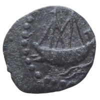 Ancient coined, minted a bit off center, showing a boat with sails inside a circular set of dots