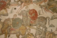Fresco showing soldiers on horseback carrying shields and weapons