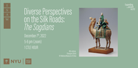 Event banner with title and photo of sculptural piece depicting a group of robed men sitting on a camel.