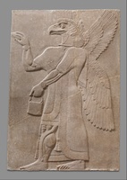 Relief panel of an eagle-headed figure facing left, holding in left hand a bucket and in his right a bucket, cuneiform text across image.