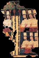 Painting fragment of two rows of seated priests wearing robes and hats in a garden setting.