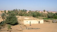 Photo of a rectangular one-story building with central courtyard in desert oasis environment with palm trees.