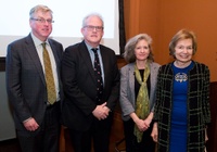 photograph of Norman L. Peck, Shelby White, Roger S. Bagnall, and Piotr Michalowski in the Oak Library