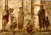 Portion of a fresco showing market scene in which customers interact with merchants