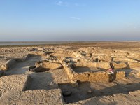 Photo of archaeological site with irregular grid pattern of low walls and a circular structure