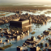 Conceptual rendering of an ancient city, viewed from above, with flood waters covering fields and the area between buildings.