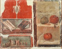 Pompeii Still-life fragments representing vase, scrolls, landscape, and fruit