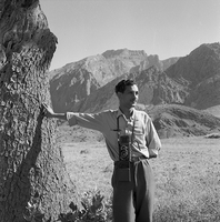 A young man with a large camera on a strap around his neck, leans against a large tree trunk with a field and mountains in the background.