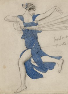 image of a watercolor and graphite sketch showing a blue costume design on a female figure