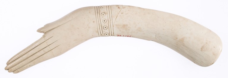 Ivory carving in the shape of an elongated and curved hand and forearm.