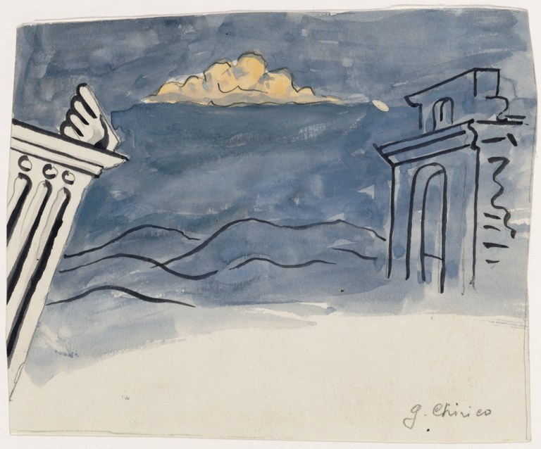 Painting of a cloudy, windy, and gloomy blue-gray sky with one cloud holding a brighter color in the center of the picture. Two abstracted architectural features frame the left and right sides of the image.