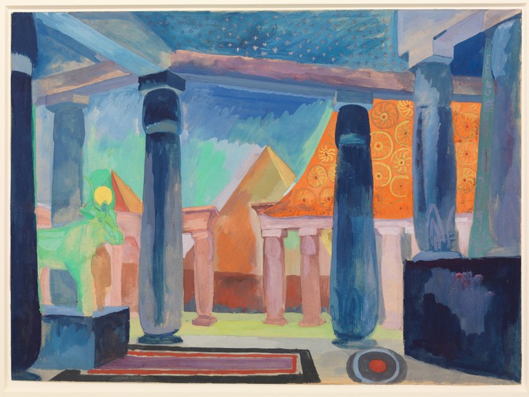 Brightly colored painting of a palace setting. Pillars, gardens, an animal statue, as well as a pyramid can be seen from the inside. The design is slightly abstracted, but still figurative.
