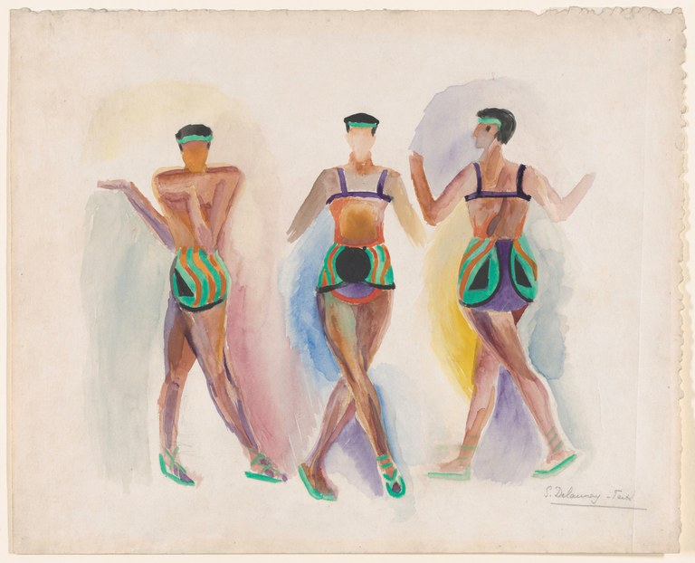 Painting of three brightly colored, slightly abstracted figures in different poses.