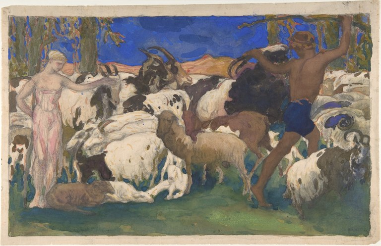 Painting of cattle and sheep with a shirtless male figure on one side, grasping a ram by the horn, and on the other side a standing female figure wearing a diaphanous dress and gesturing with one hand toward the man.