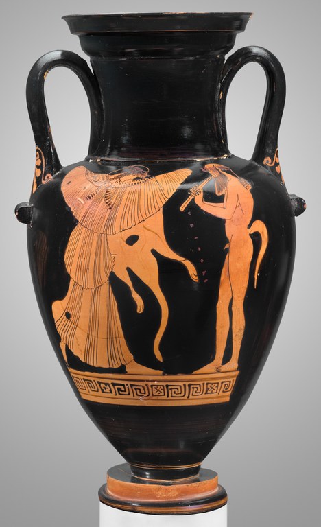 Two-handled, tapered vessel glazed in orange and black that depicts a woman in a long dress, with a large circular shawl draped over her outstretched arms like wings. She wears an ivy or grape-leaf crown and a leopard skin tied by the paws around her neck. She faces a nude, bearded male figure with a tail. He also wears an ivy or grapeleaf crown and plays a double-flute.