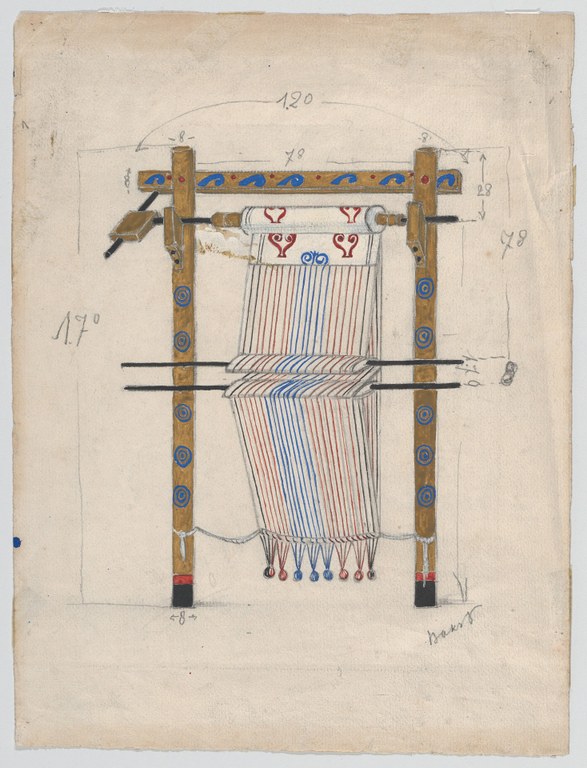 Painting of an upright loom with a half-competed weaving and threads in blue, white, and red. The frame of the loom is also decorated with blue and red geometric figures. Measurements and other notations appear in pencil.