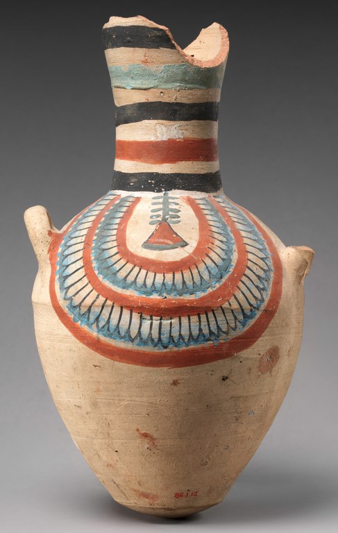 A painted jar with a long neck, tapered foot, and two handles at the shoulder. It is decorated with an abstract design in blue, red, black, and white.