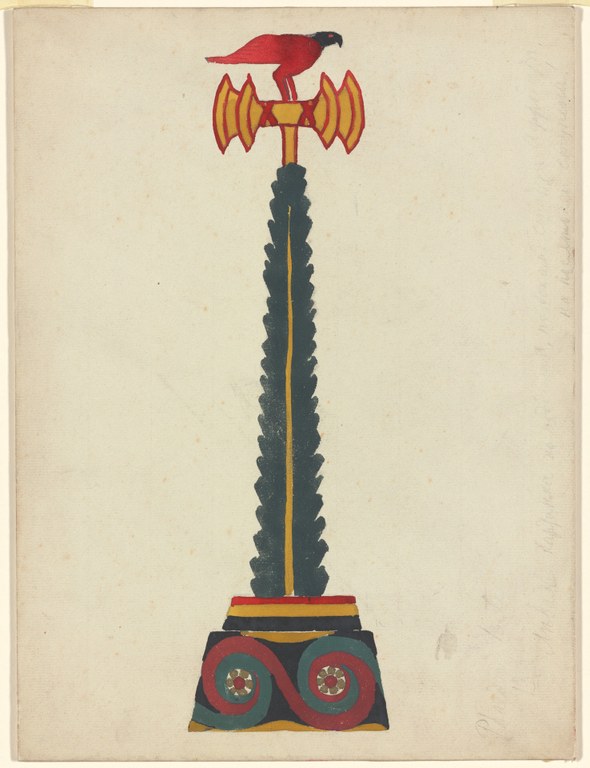 Painting of a black post with a yellow double-axe and red bird perched on top.