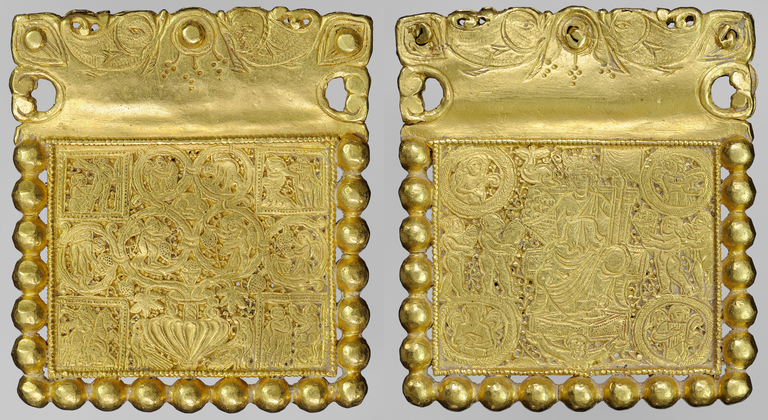 Composite photograph of both sides of rectangular gold belt buckle. A series of spheres frames three edges and the fourth is flat with two holes. Incised decoration fills the central portion of both sides: stylized vegetation and human figures.