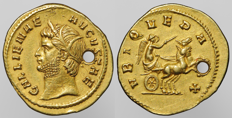Composite photograph of the gold coin, showing both obverse and reverse. A hole has been punched through the coin.