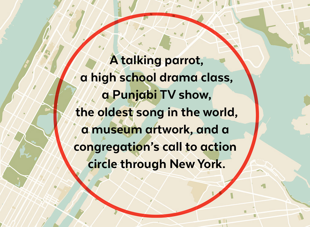 A red circle superimposed on a map of New York City. The exhibition's description (found elsewhere on this page) is written within the circle in large, black letters.