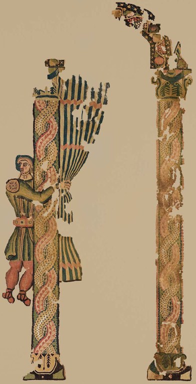 Tapestry weave of dyed wools and undyed linen, H. 188 cm; W. 93.5 cm. Possibly Egypt, 5th century CE. Museum of Fine Arts, Boston, Charles Potter Kling Fund, 57.180. This wall hanging presents a servant, the doorkeeper, pulling aside a striped curtain in an arcade. He is notably well dressed: his tunic is apparently of green-gold “shot” silk, and he wears a gold neckpiece. This type of imagery found on wall hangings commented upon the prestige and status of the household. 