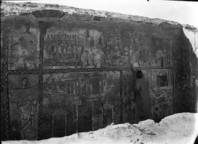 Susan Hopkins cleaning the synagogue wall paintings, 1932–33