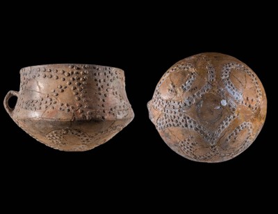 Carinated Bowl with One Handle and Pellet Decoration