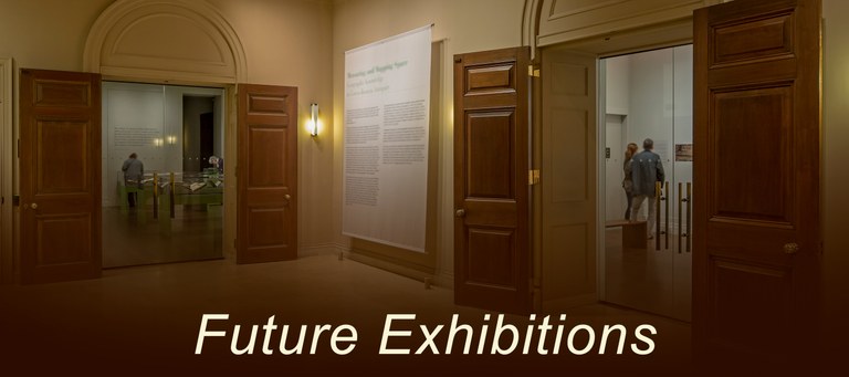 "future exhibitions" text over a photo showing two doorways leading into gallery spaces