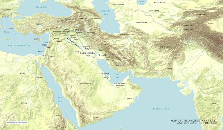 map showing a selection of ancient places in the Middle East region